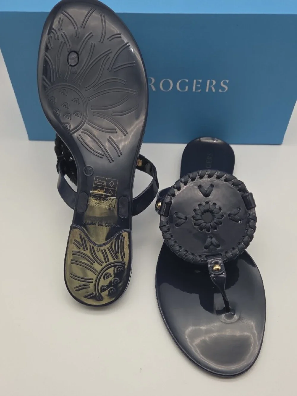 Jack Rogers Navy Patent Jelly Sandals with Woven Medallion